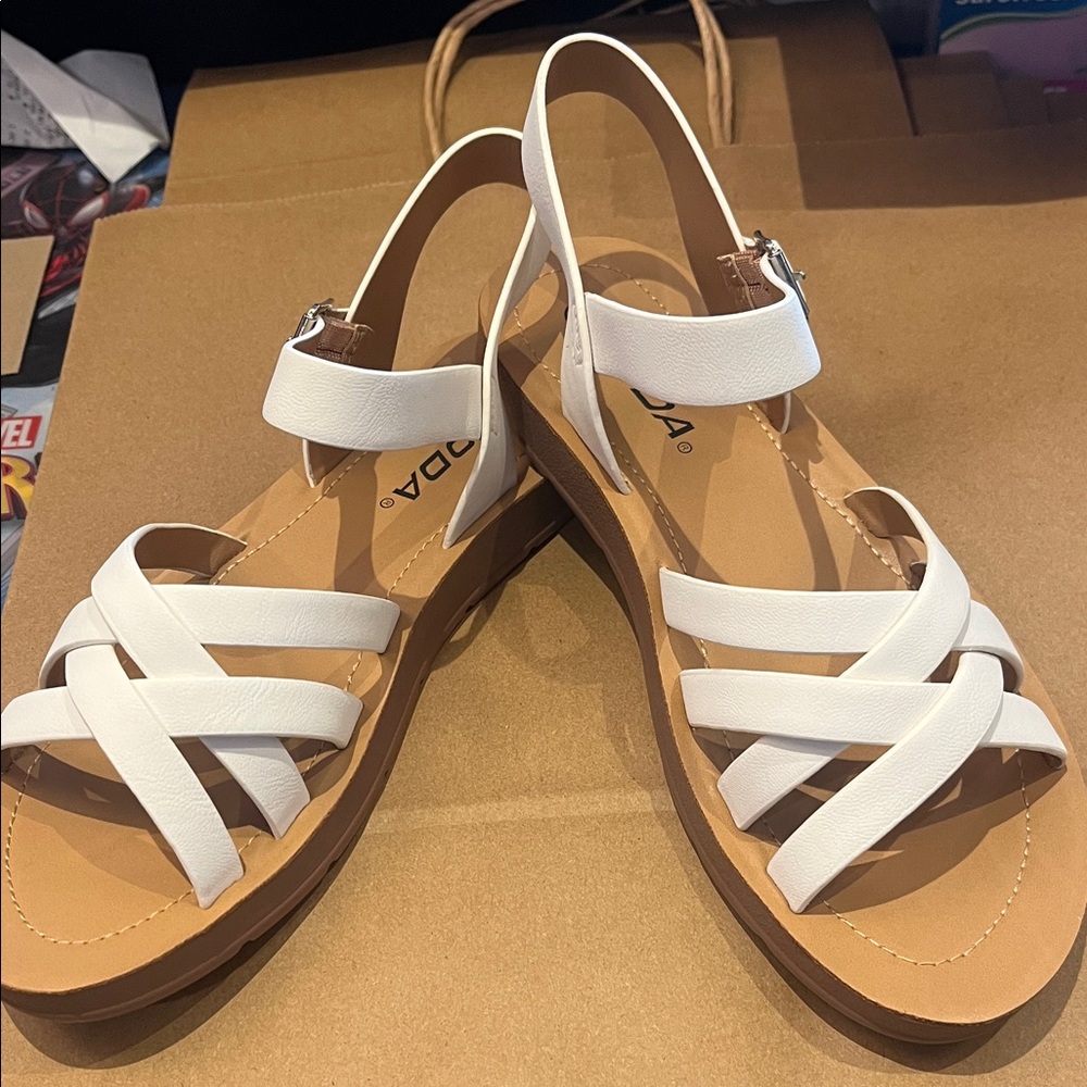 Soda White and Tan Strappy Sandals